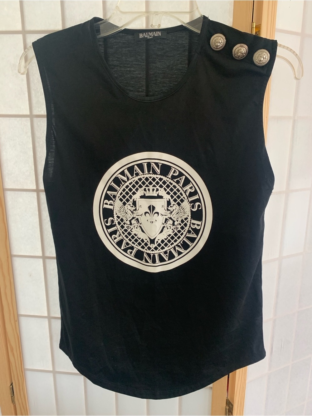 Balmain Paris Black Crest Logo Sleeveless Top with Shoulder Buttons Small